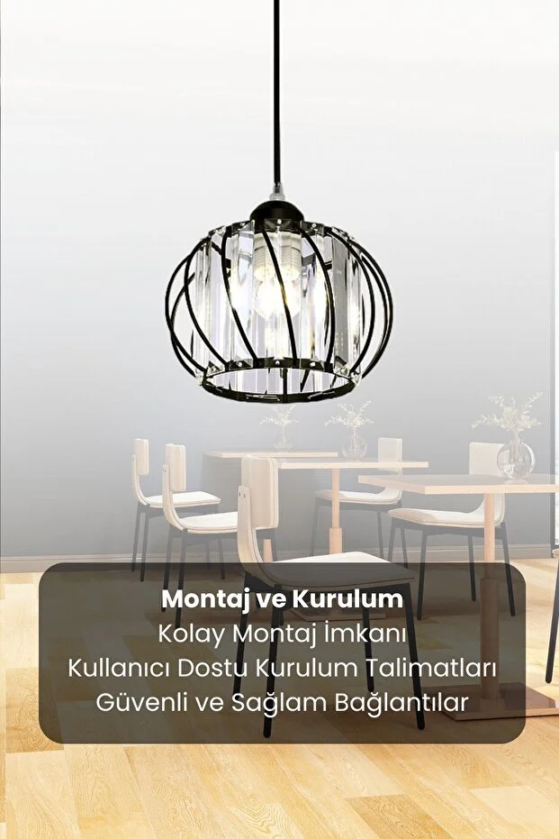 Quattro Model Siyah Renk Kaplama Metal Kristal Taşlı Salon Oturma Odası Tavan Sarkıt Avize